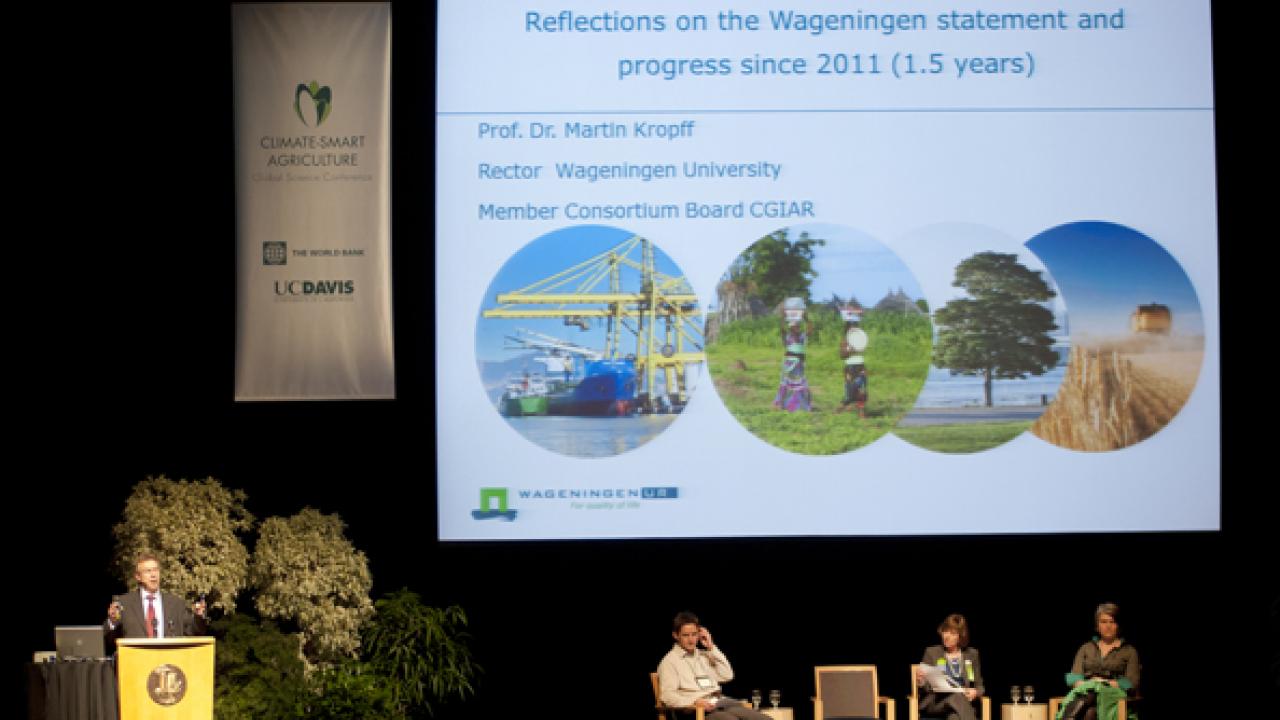 Photo: Climate-Smart Agriculture conference panel with Martin Kropff, Andy Challinor, Karen Ross, Sonja Vermeulen.