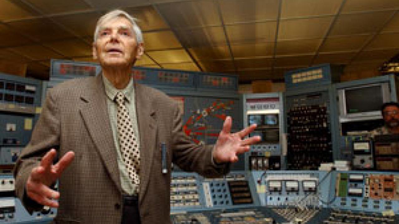 James Moore, 92, reminisces about the cyclotron&rsquo;s past and its value into the future during his return visit to Crocker Nuclear Laboratory last week. Among others who came to help recognize Moore&rsquo;s contribution to the campus was professor em