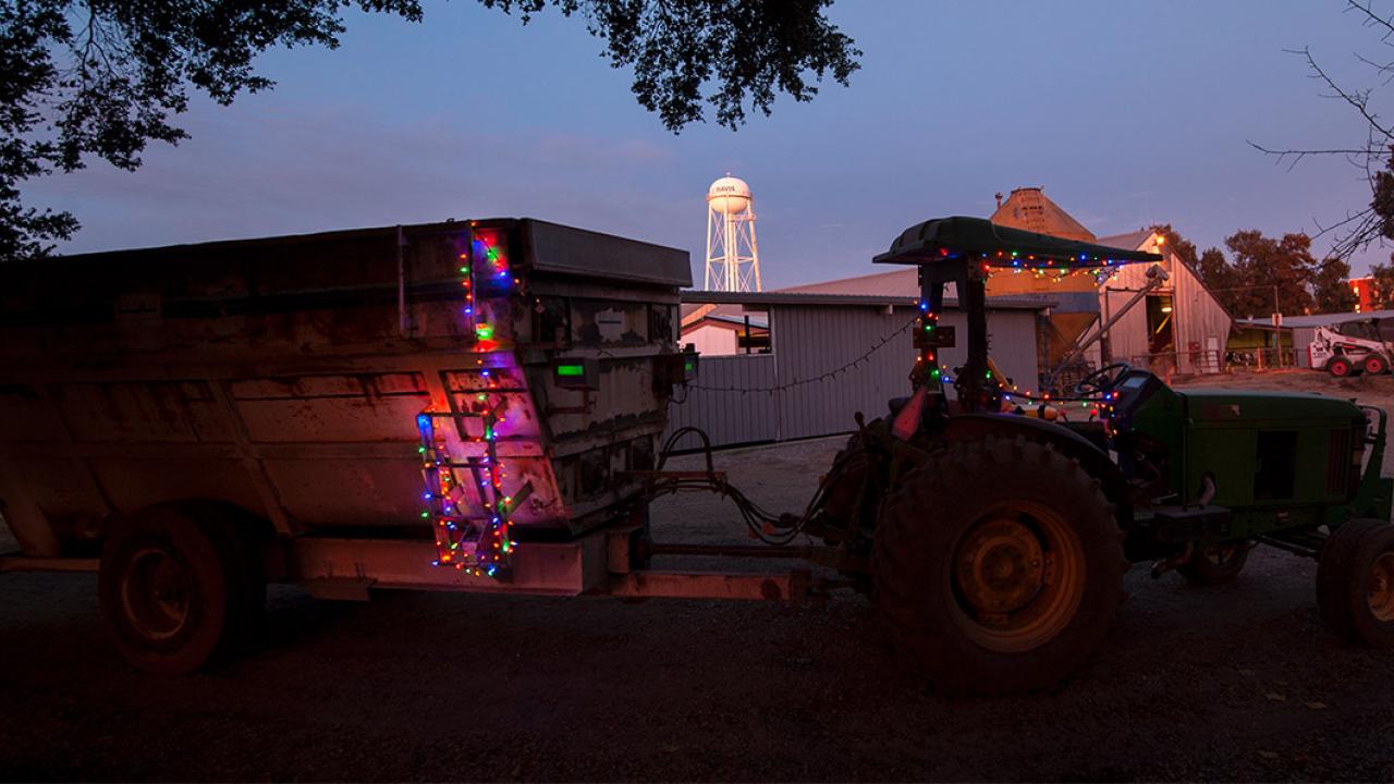 A tractor decorated with Christmas lights.
