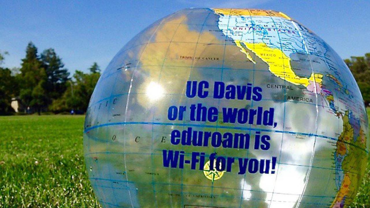 The globe as a beach ball, imprinted with UC Davis promotion for eduroamBeach ball