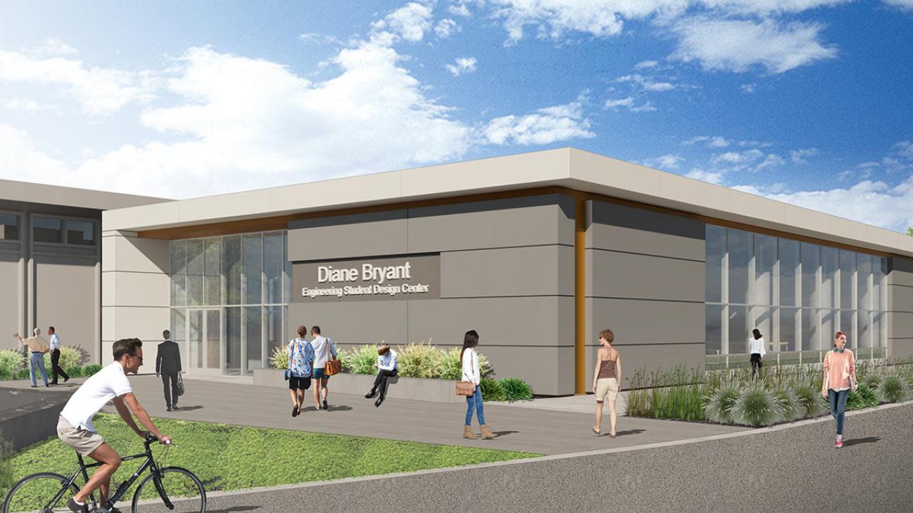 Rendering of building exterior with sign, "Diane Bryant Engineering Student Design Center"