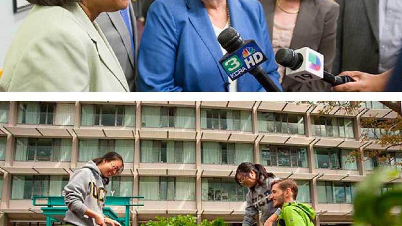 Photos (2): TV interview (with camera and microphone) and a garden scene in which a young man gives instructions and two young women stand ready to pl