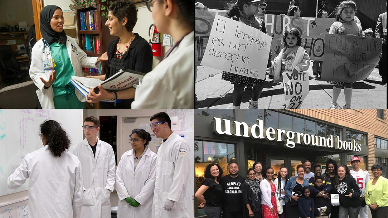 Four photos: doctor talks to patients, children protest with Spanish-language signs, group poses in front of bookstore, students