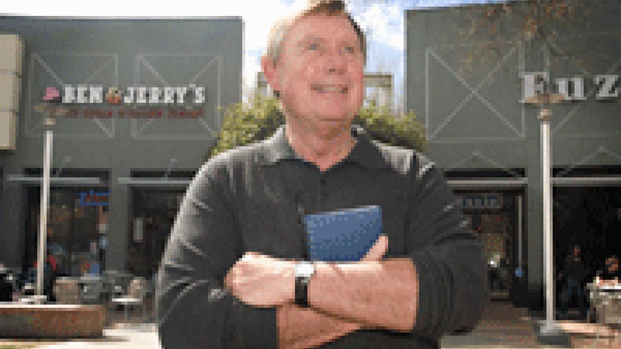 Landscape architecture professor Mark Francis stands in front of Davis Commons, a public space in downtown Davis he helped design. &ldquo;The overarching idea here was: How could you use the space without feeling you had to buy something&mdash;make it a