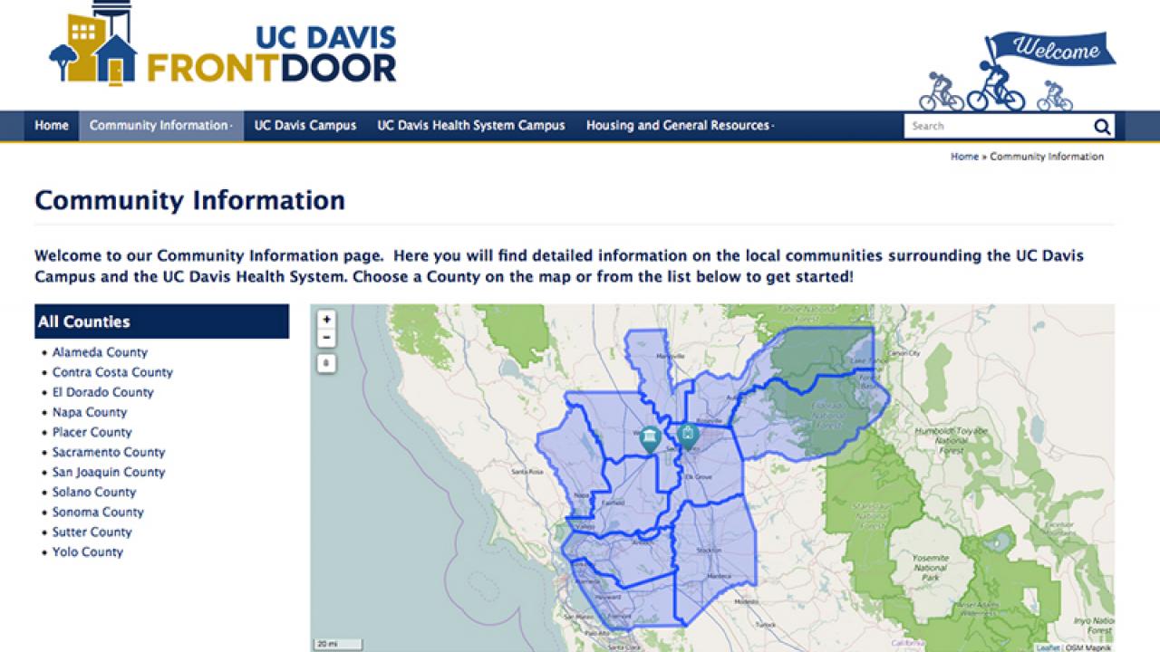 Screen shot of UC Davis Front Door website's Community Information page