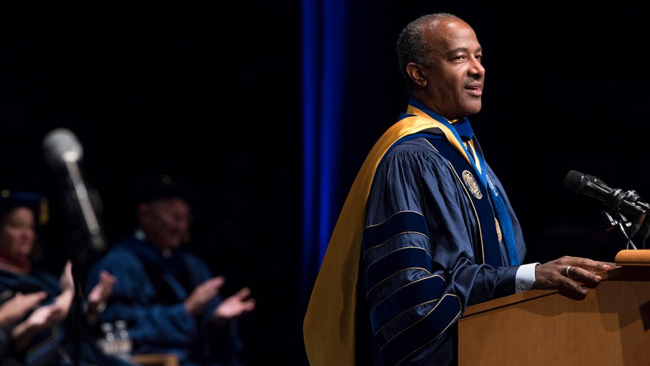 Chancellor Gary S. May speaks during his investiture.