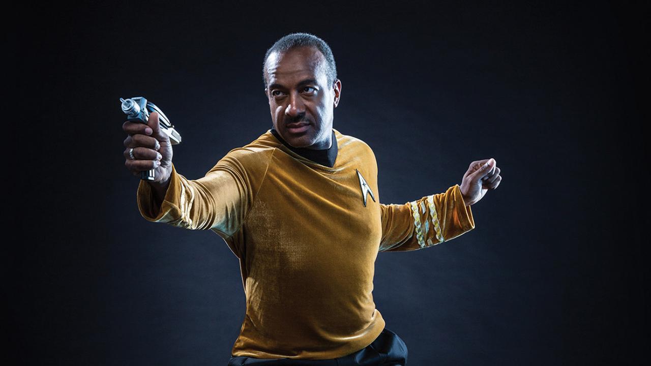 Gary May dressed in a Star Trek uniform.