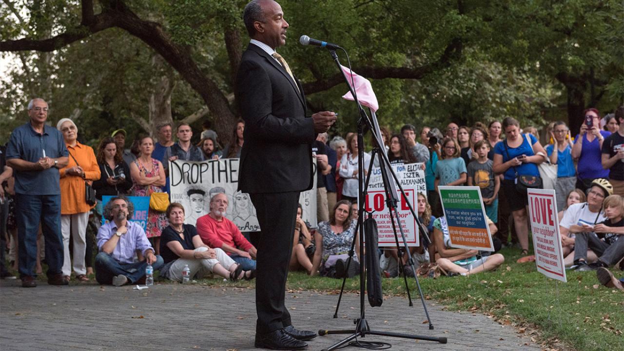 Chancellor Gary S. May speaking at the Unity Rally in Davis.