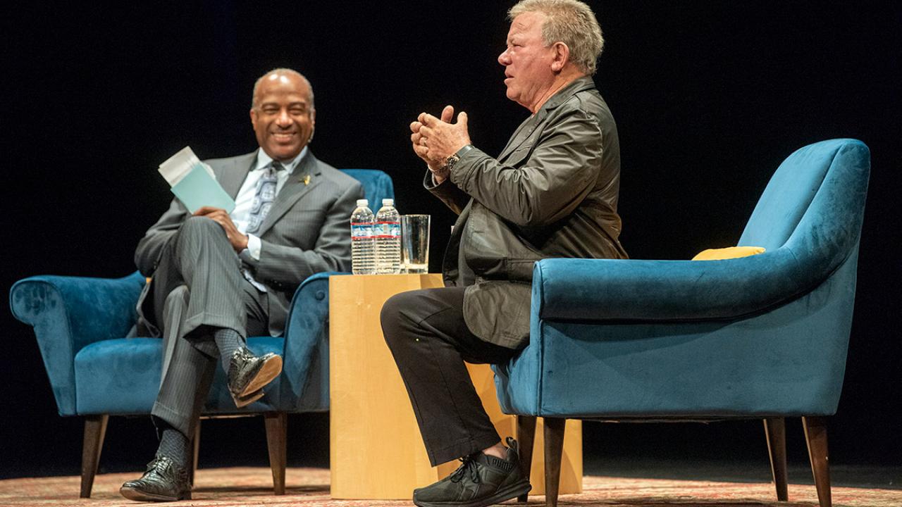 Chancellor Gary S. May and William Shatner on stage at the Mondavi Center.
