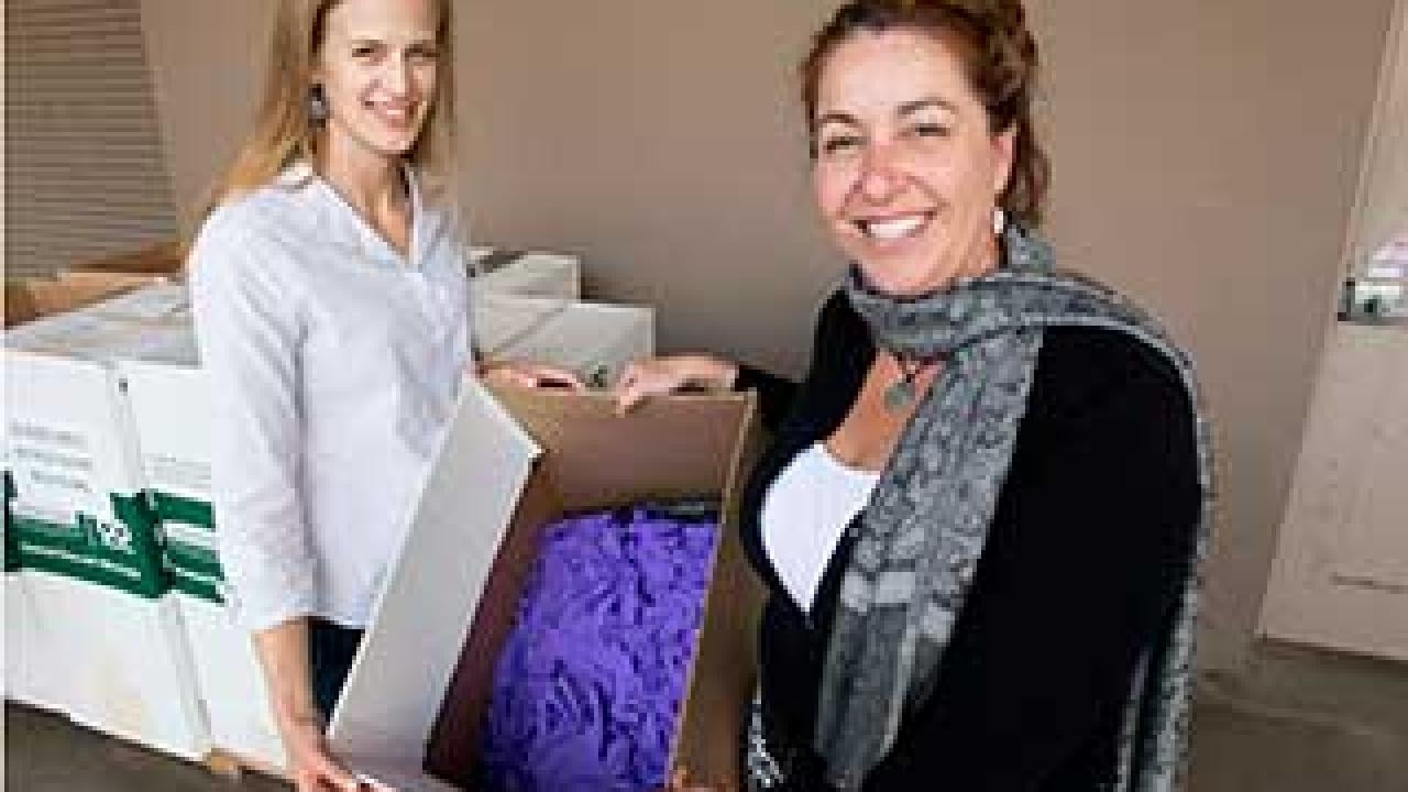 Women hold box of used lab gloves.