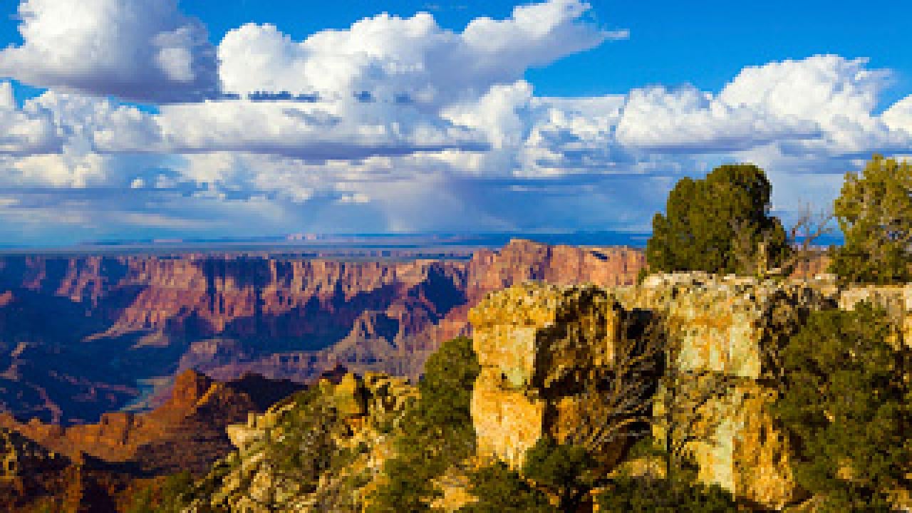 Photo: View of the Grand Canyon showing a cloud-covered sky