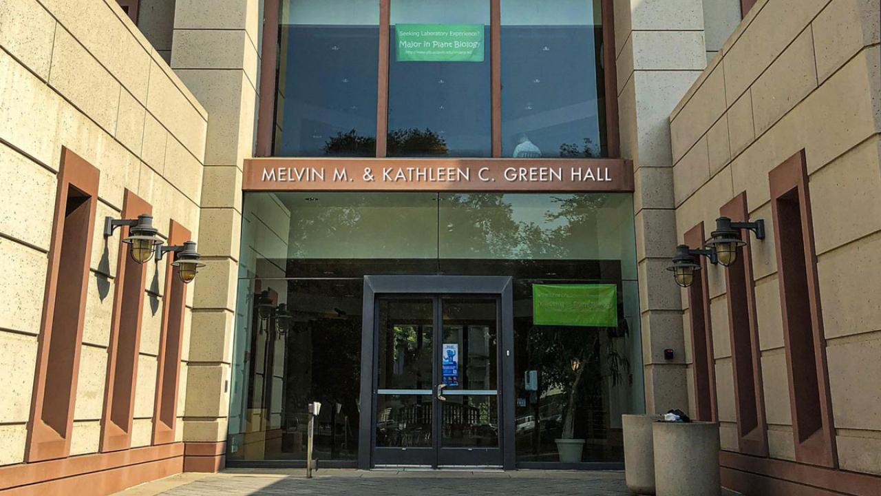 Image of LSB entryway, altered to show "Melvin M. and Kathleen C. Green Hall" aboce the doors.