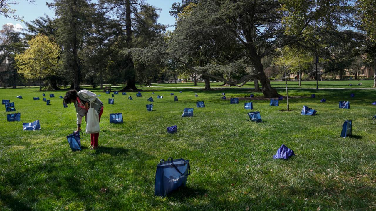 A woman picks up a bags of groceries on the Quad; multiple bags are set 6 feet apart.
