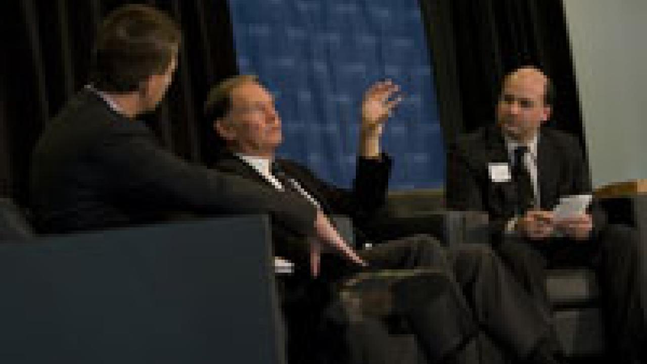 Russell Read, right, the chief investment officer at CalPERS and this year&rsquo;s executive-in-residence, listens to Robert Fox, center, who led Foster Farms and other major corporations for decades and is a member of the management school&rsquo;s Dean