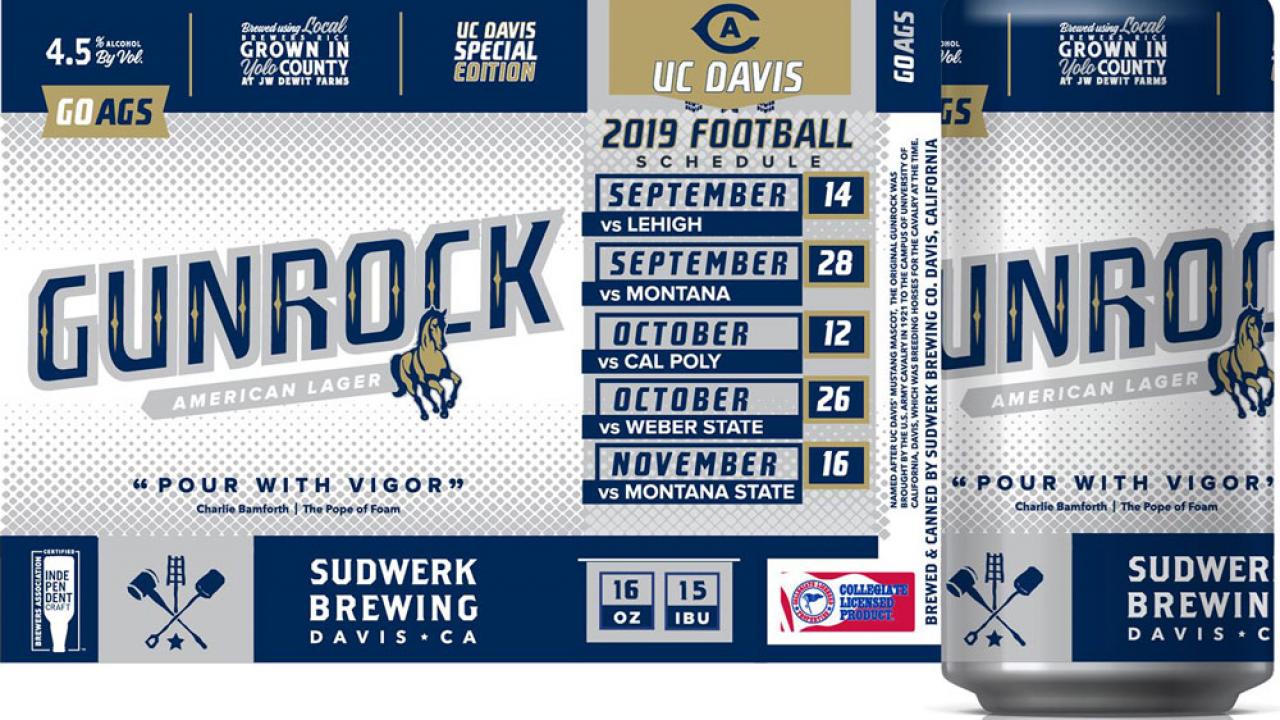 Gunrock American Lager can, 16 ounce, with label showing 2019 Aggie home footnall schedule