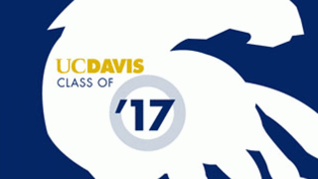Graphic: outline of a mustang running with UC Davis and '17 in type