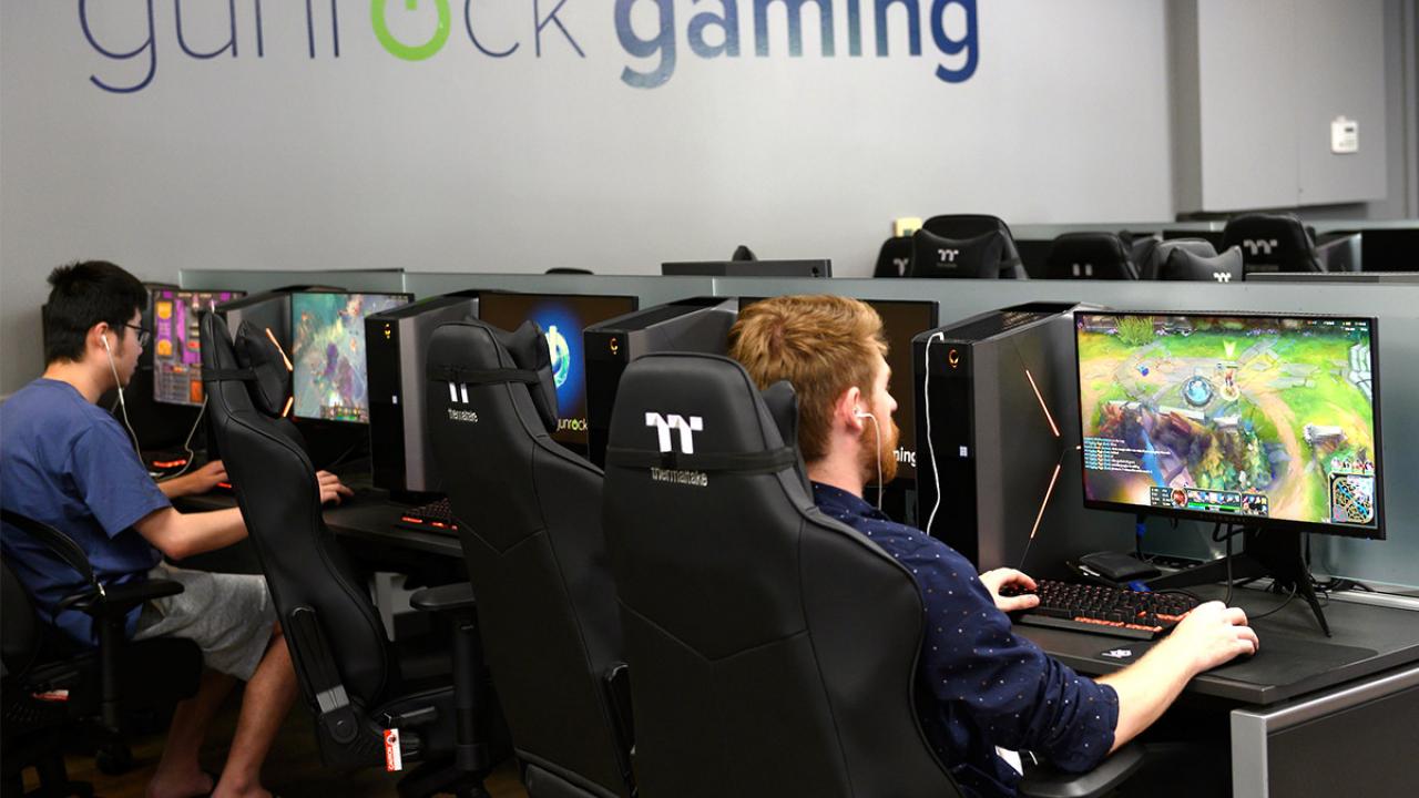 Students play computer games at Gunrock Gaming.