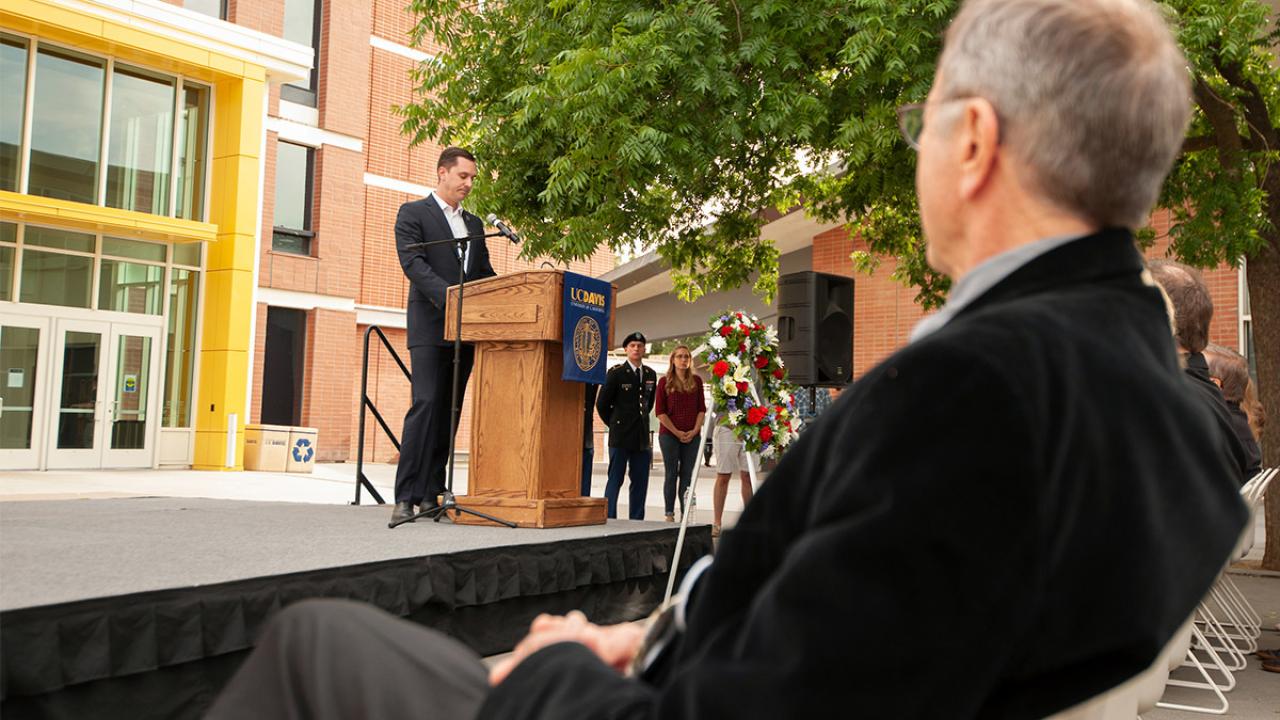 Jake Smith speaks at the UC Davis Memorial Day Ceremony.