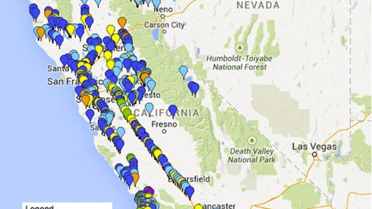 A screen capture of a Google Map of California with a number of colored dots.