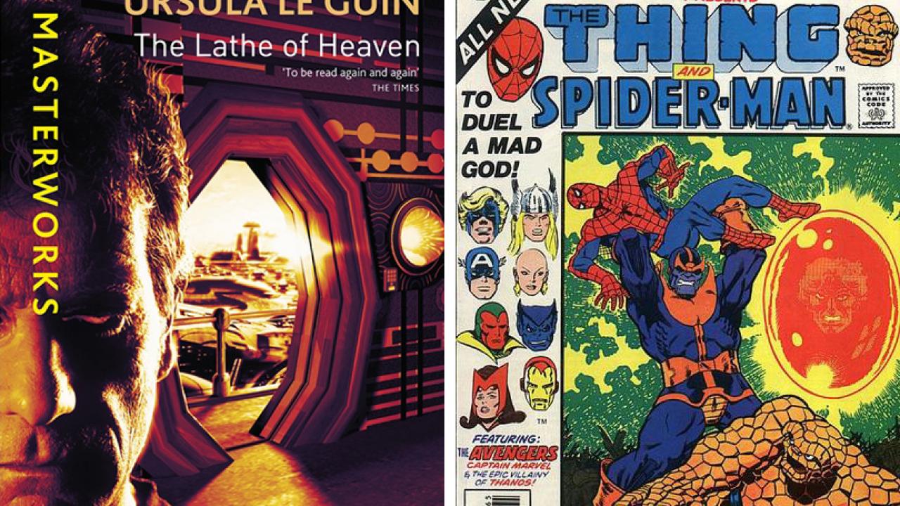 The Lathe of Heaven book cover; The Thing and Spider-Man comic book cover.