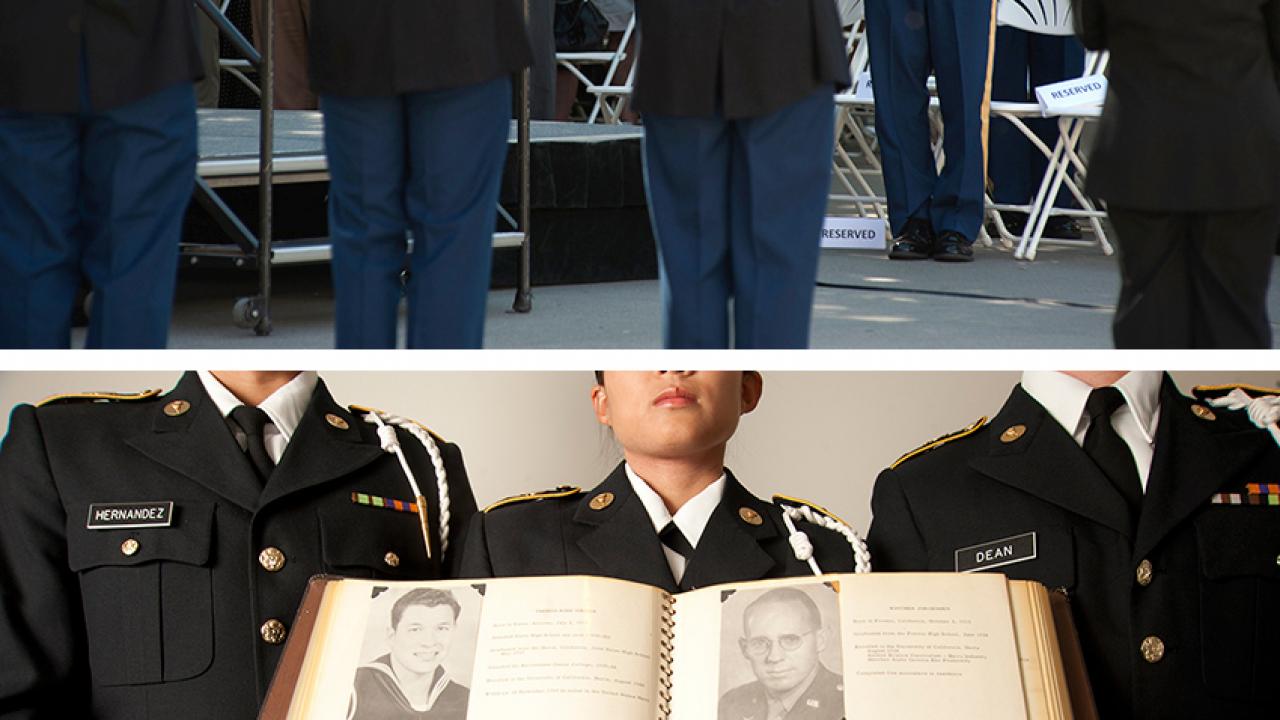 Photos: Army ROTC color guard at 2014 Memorial Day Ceremony and three cadets (faces obscured) holding the "Golden Memory Book," 