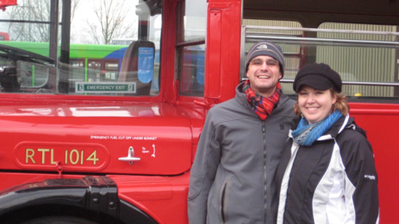 Photo: Mike and Maria Quillici at Ensignbus in London, posing in front of RTL 1014.