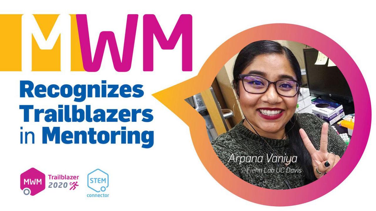 Arpana Vaniya, smiling, in slide for virtual ceremony, recoignizing her as an MWM "Trailblazer in Mentoring."