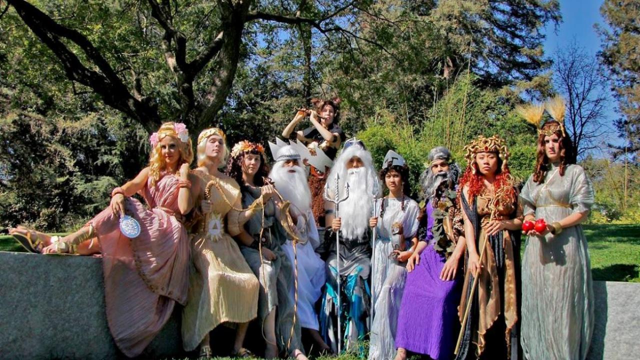 Students dressed as mythical gods and goddesses in costumes from the Department of Theatre and Dance.