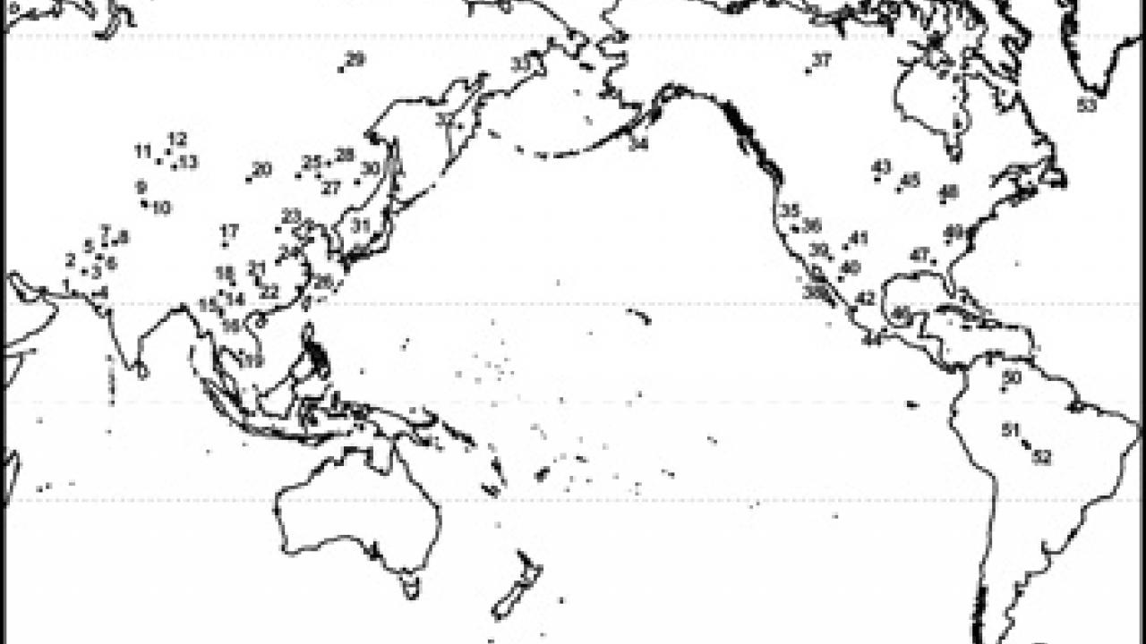 World map showing the 53 Eurasian and New World populations whose DNA was sampled for this study.