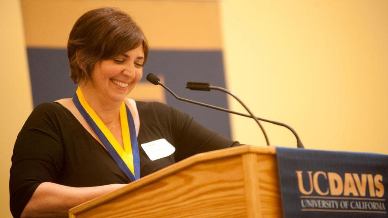 Professor Jodi Nunnari at UC Davis lectern in 2013