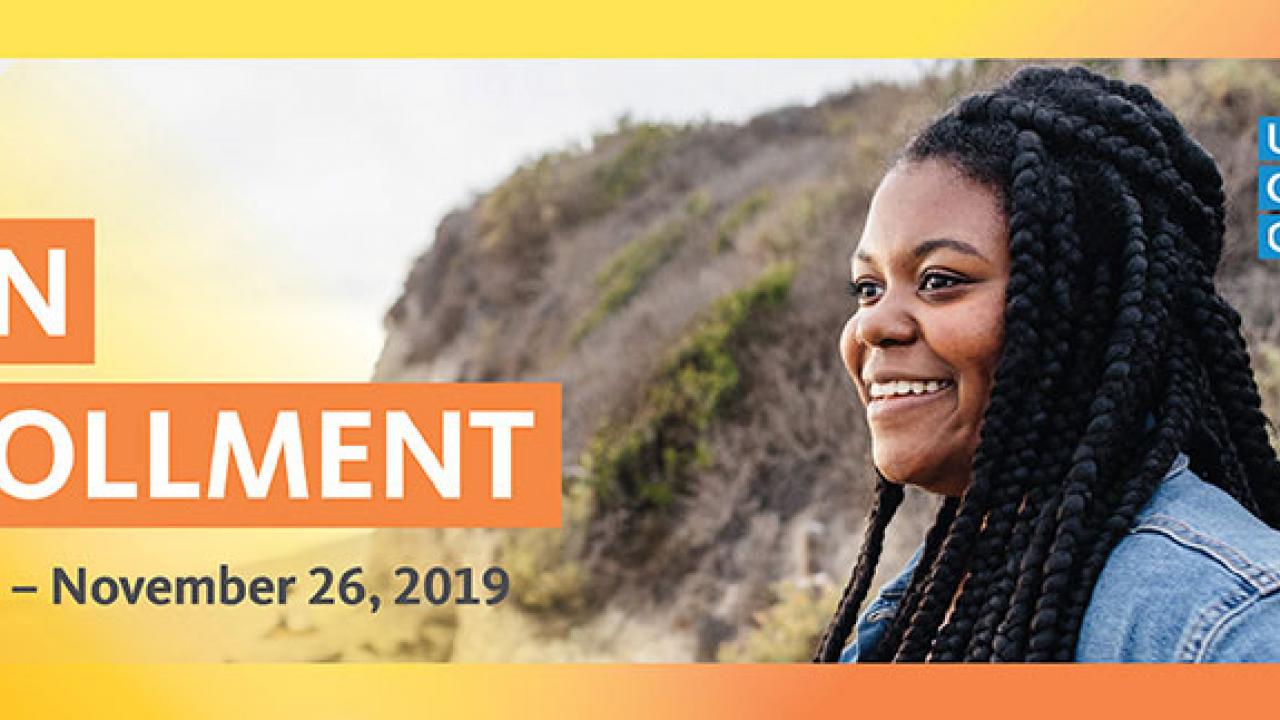 Open enrollment banner, with enrollment dates and picture of woman