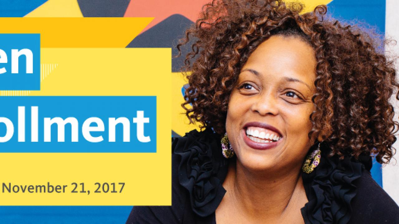 UC open enrollment banner with smiling woman and OE dates