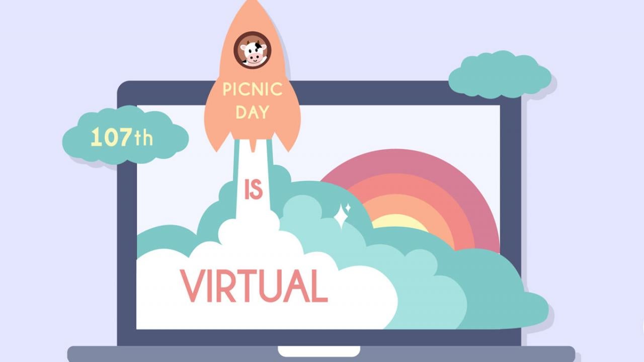 Graphic: "107th Picnic Day is Virtual," rocket ship launching off lapotp screen