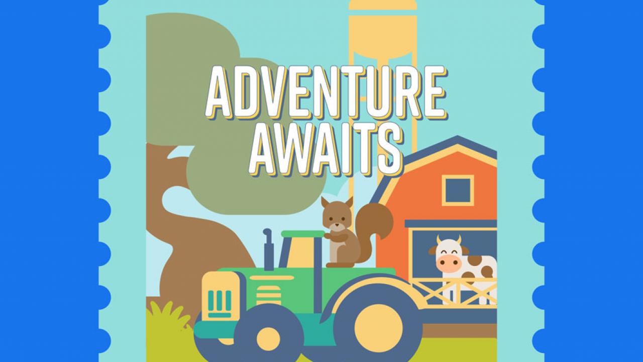 Picnic Day 2019 logo, tractor, barn and tree, cropped.