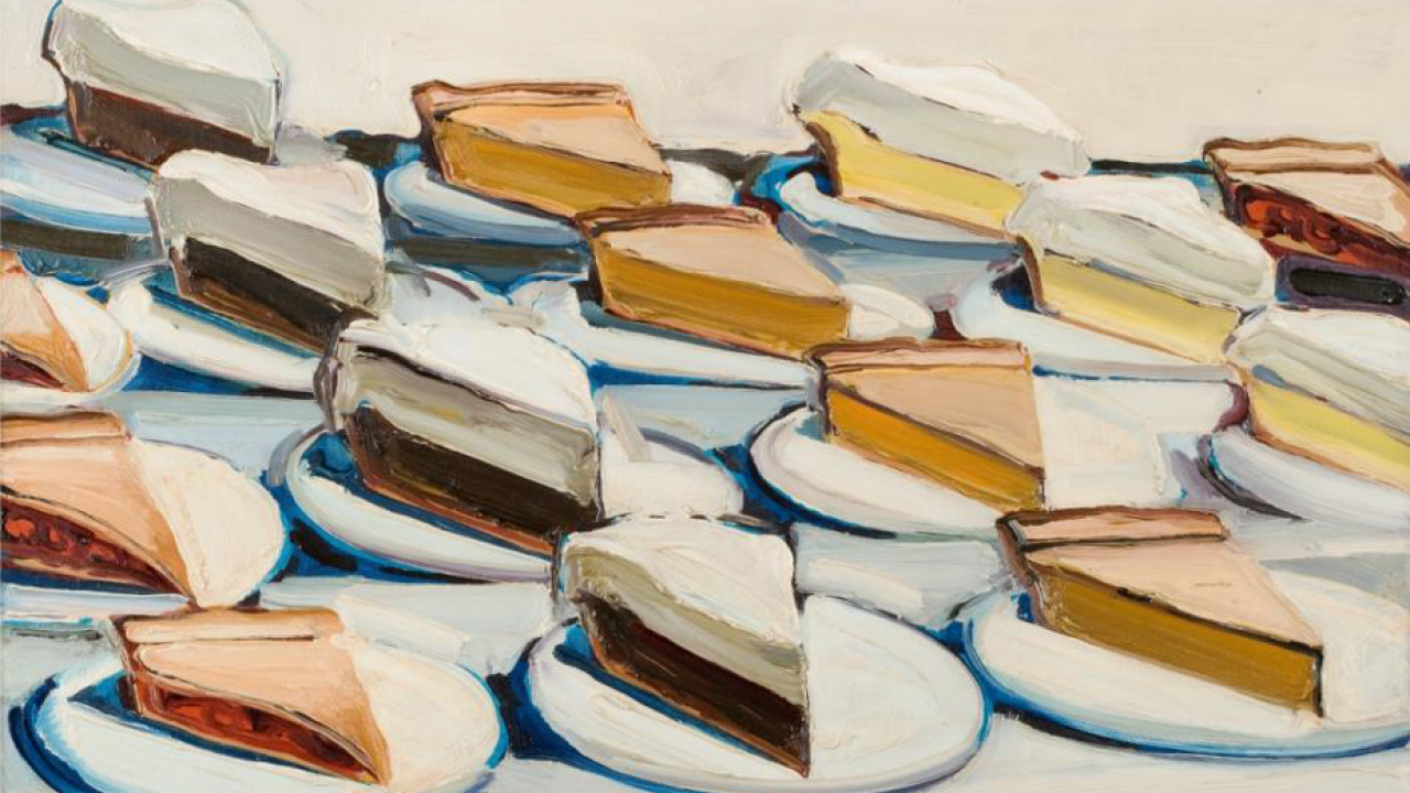 Painting of 15 pieces of pie, on plates