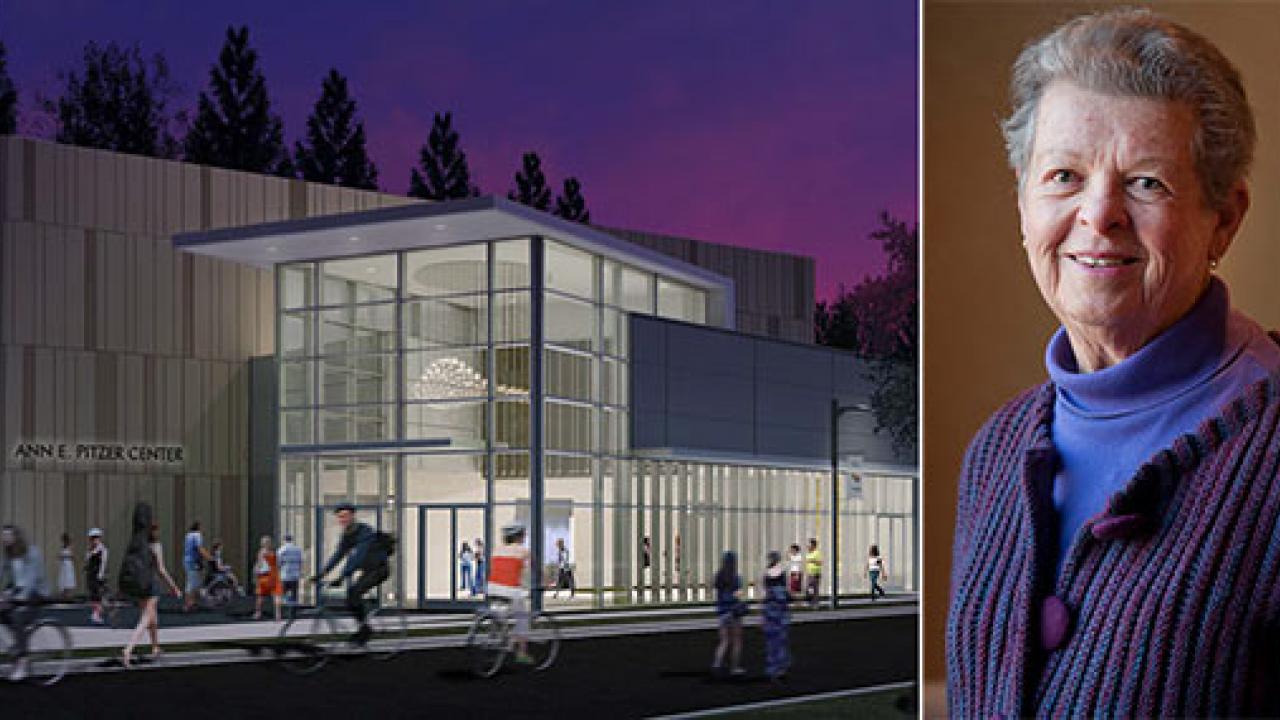 Two graphics: Rendering of the proposed recital hall and music building and a portrait of Ann E. Pitzer