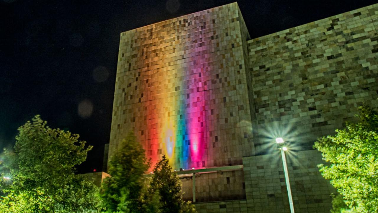 Photo: Rainbow lights on Mondavi Center's south wall