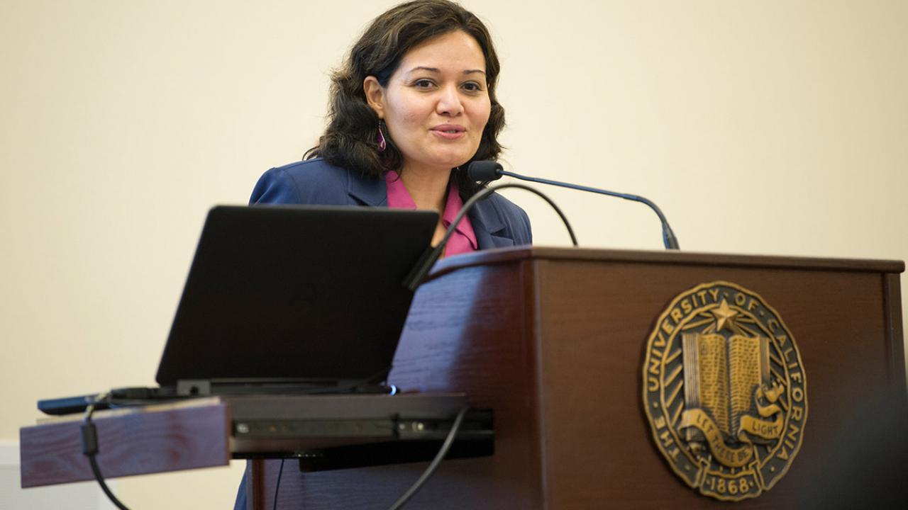 Raquel Aldana speaks at an event at UC Davis.