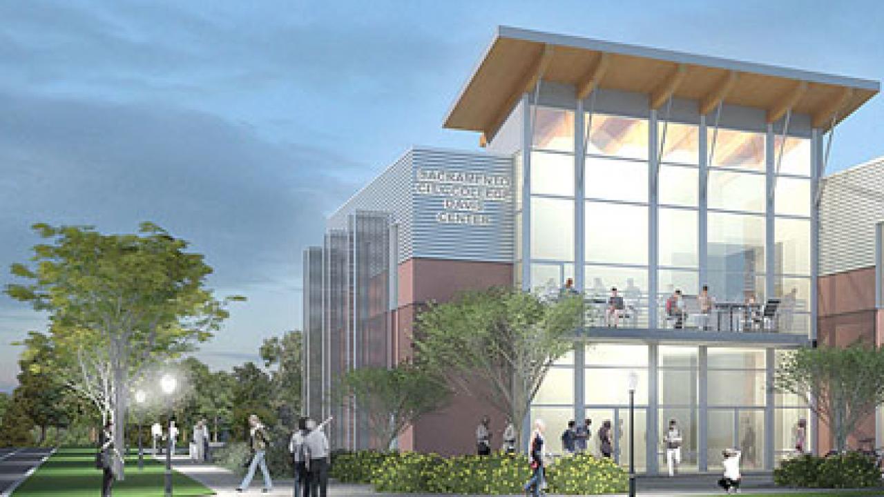 Graphic: rendering of a two story building with people walking down the sidewalk