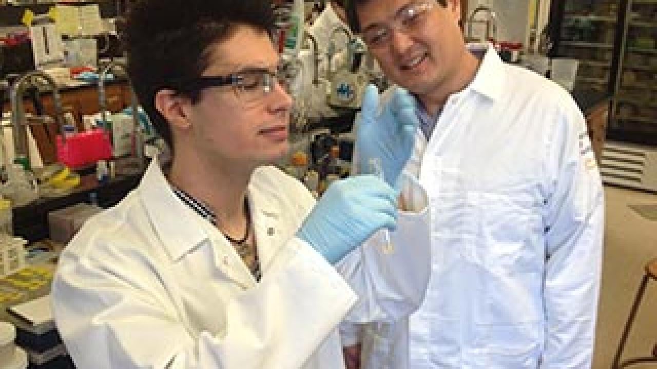 Two men in lab coats with the one in the foreground holding a testtube