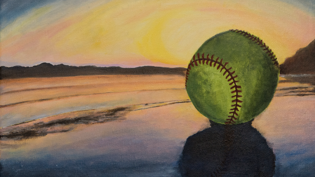 Painting: Softball on beach at sunset