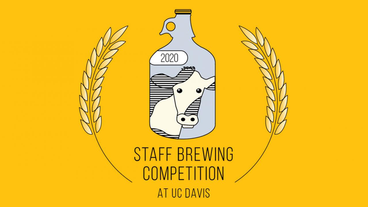 Staff Brewing Competition logo: growler (bottle) with cow's head on label, framed by hops, on "sunflower" gold background