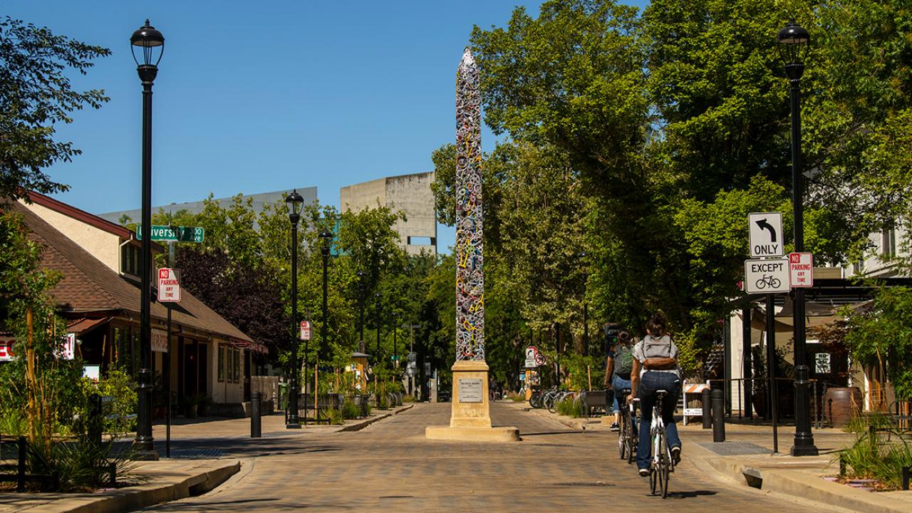 Sculpture "the Davis Needle" is seen in downtown Davis.