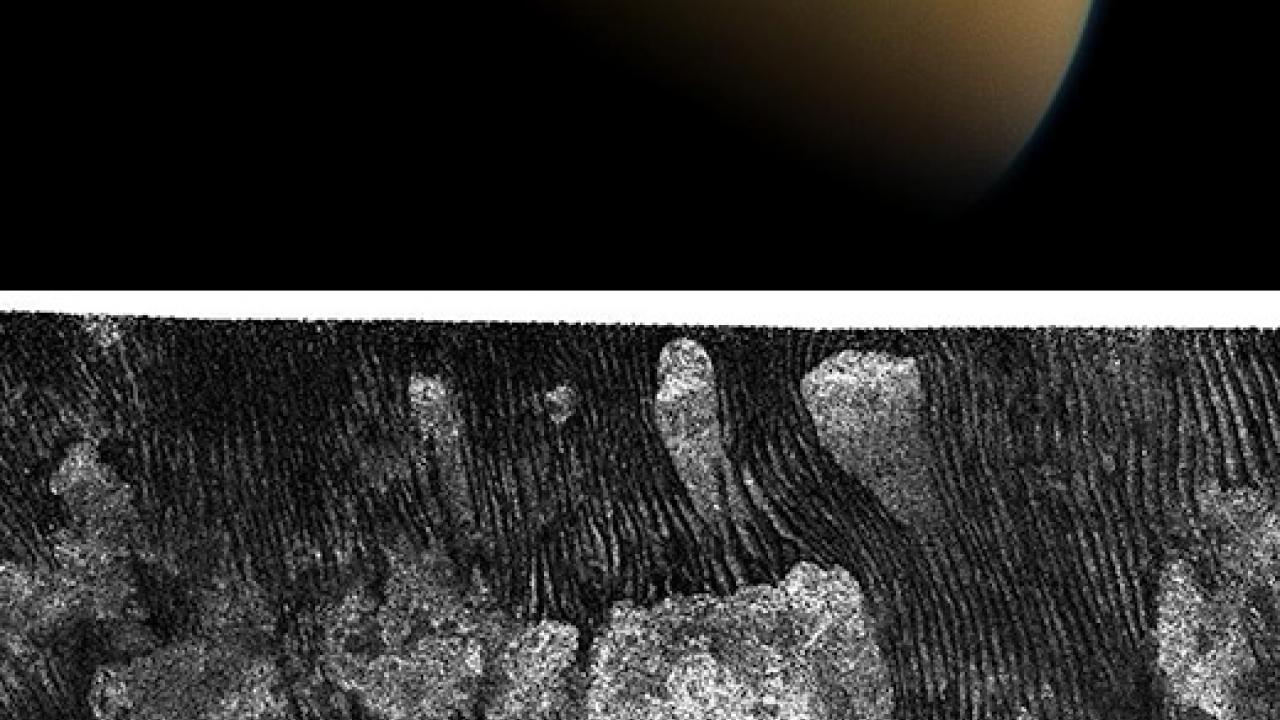 Two photos: top of a moon, bottom of wind tunnel studies showing smudges of white against a black background.