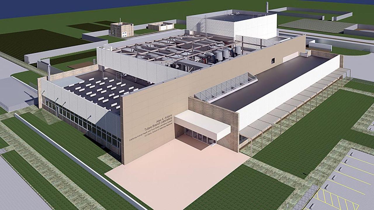 Artists rendering of a laboratory building from an aerial perspective