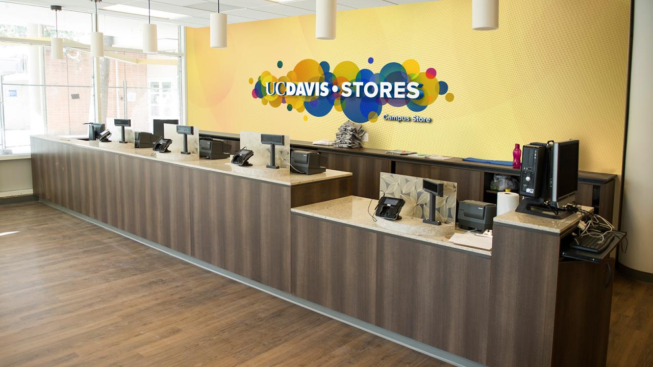 A composite photo showing the future signage that will be displayed behind the counter at the UC Davis Campus Store in the Memor