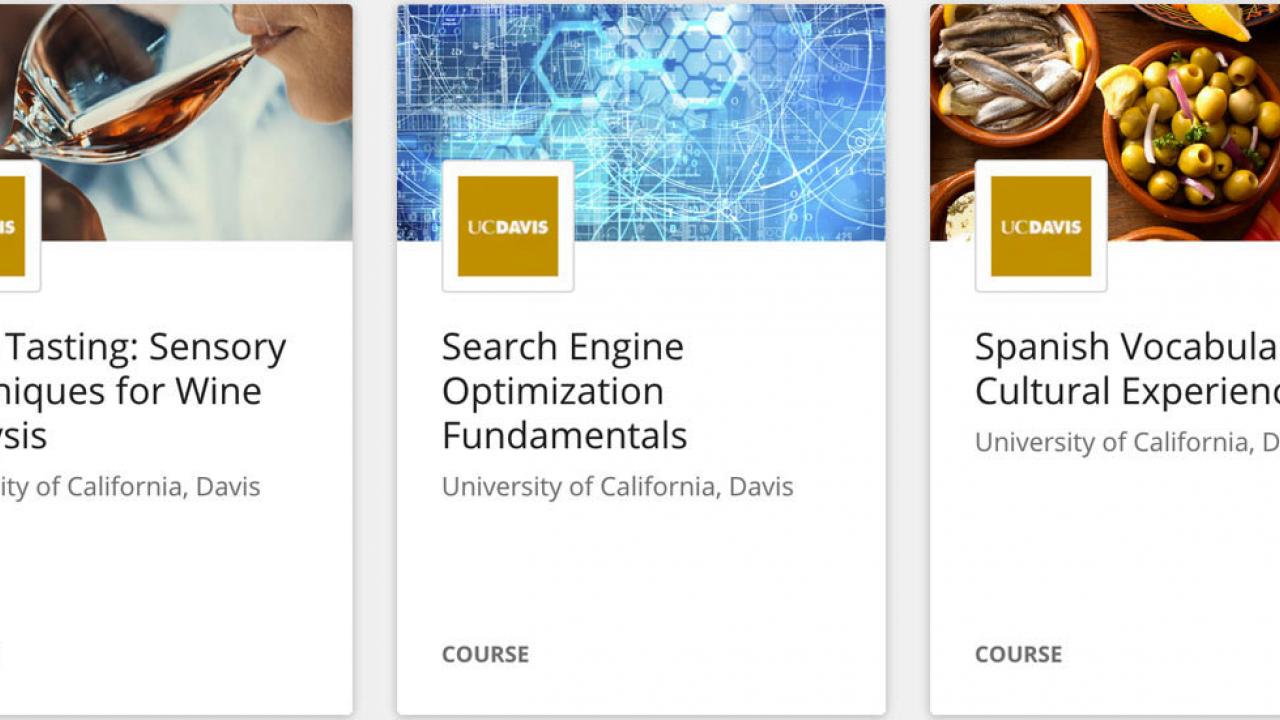 Three course titles from the UC Davis Coursera catalog