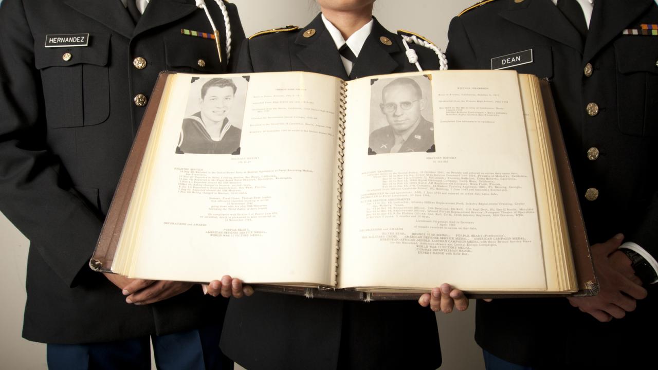 Students hold the Golden Memory Book at UC Davis.