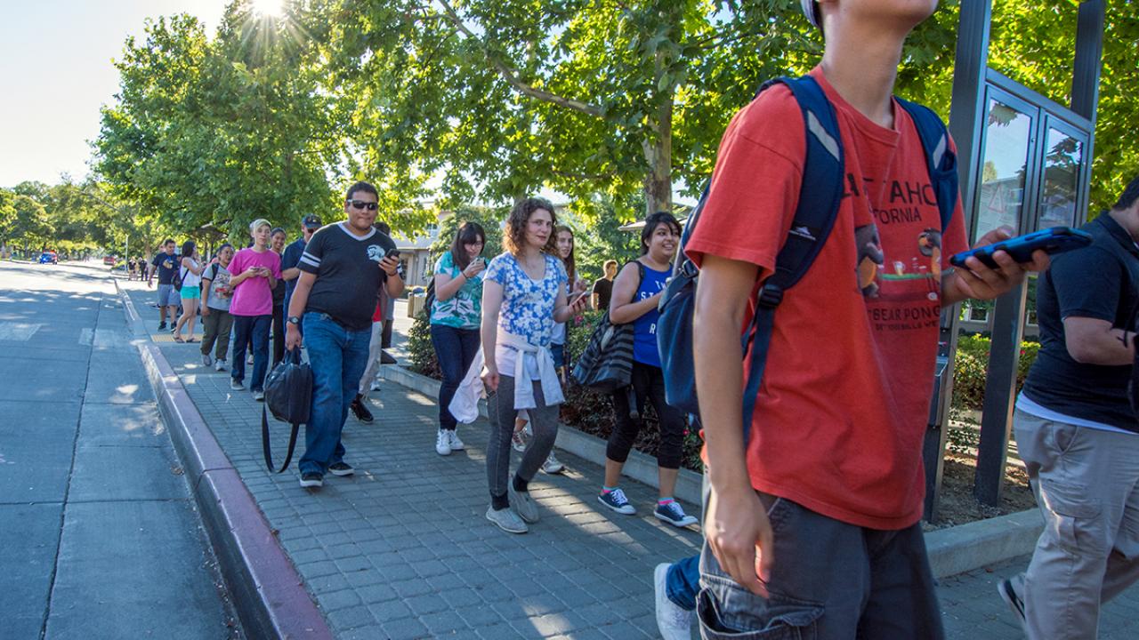 Students on a Pok&eacute;mon GO walk organized by the UC Davis Police Department.