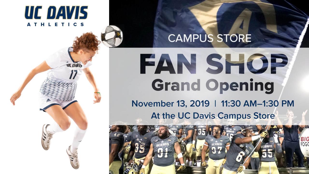 Graphic advertising grand opening for Campus Store Fan Shop, Nov. 13 from 11:30 a.m. to 1:30 p.m.